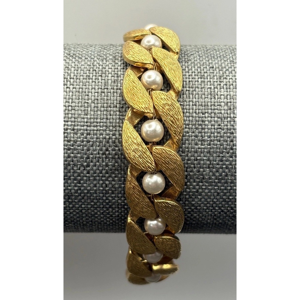 Vintage Napier 80s Runway Gold Tone Leaf & Pearl Thick Bracelet PAT No. 4774740